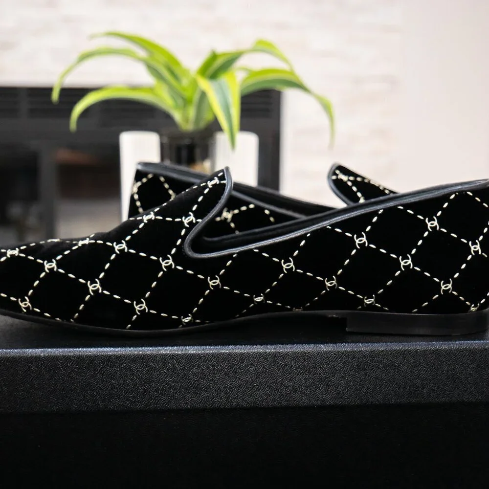 Chanel Black Velvet Diamond CC Patterned Moccasin Loafers | Size 8 | UK 38